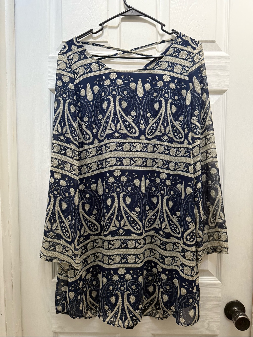 Charming Charlie Navy and Cream Paisley Tunic with Crossback Detail